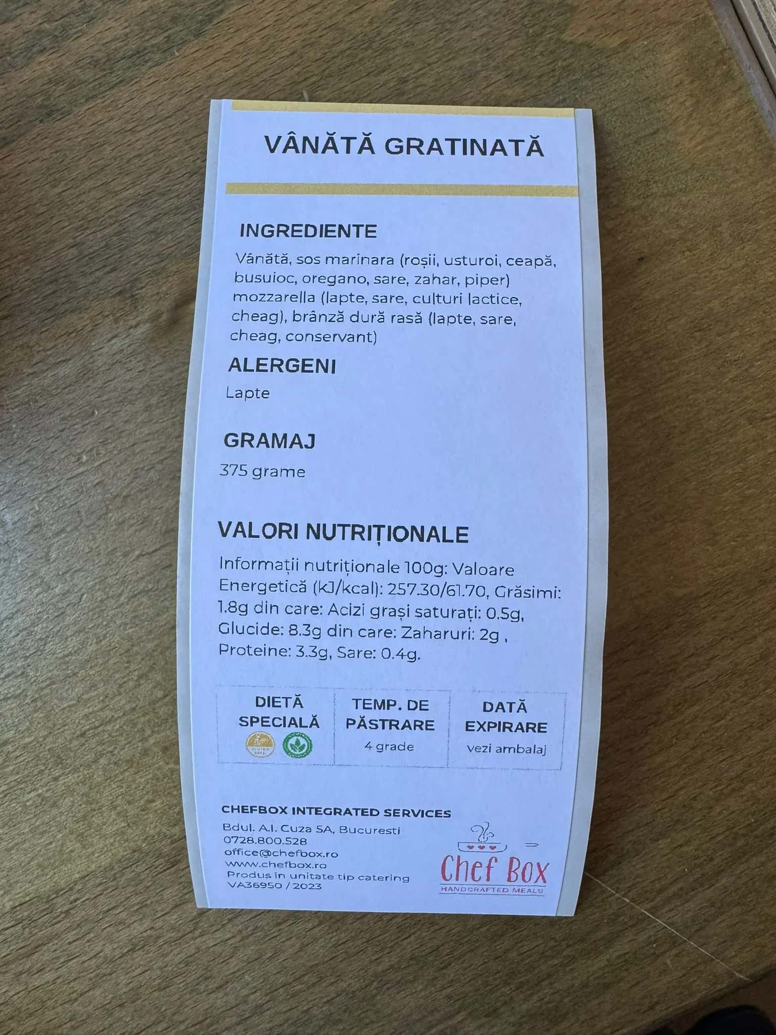 Exemplu etichetă cu valori nutritionale calculată automat - calorii, proteine, carbohidrați, grăsimi, fibre, sare