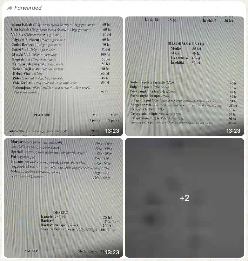 Poză cu meniul trimisă pe WhatsApp — LA BOSFOR JIOVANI