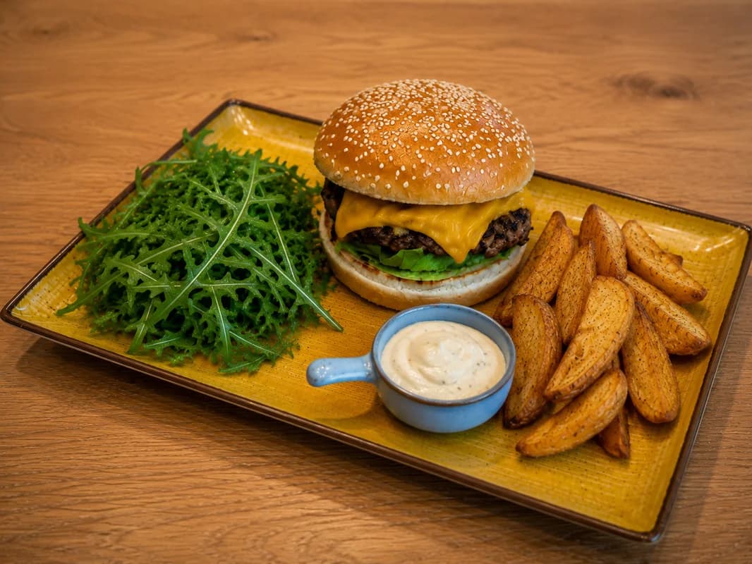 Burger de Vita cu Cartofi Prajiti / Dried Black Angus Burger with French Fries
