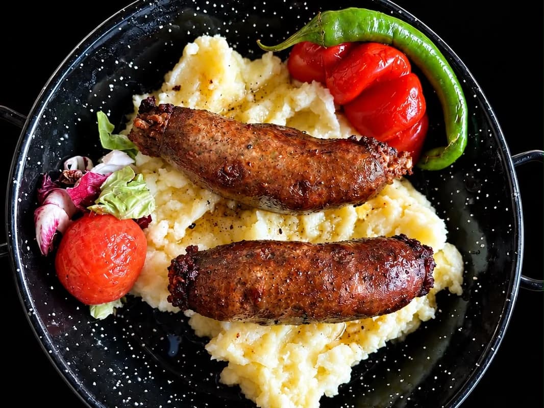 Cârnați de casa pe pat de piure de cartofi