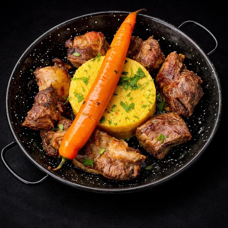 Pastramă de berbecuț la ceaun cu mămăliguța și mujdei