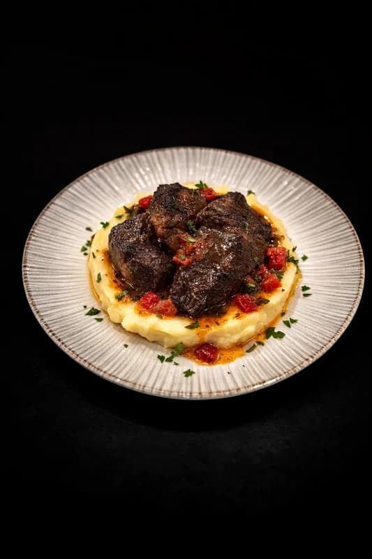 Obrăjori de vita cu piure de cartofi și sos demiglace