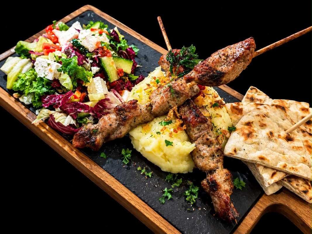 Souvlaki de porc cu rondele de cartofi