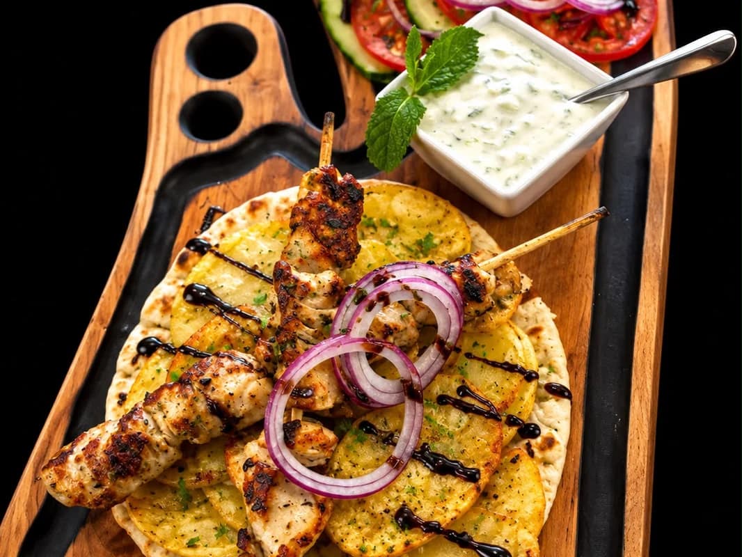 Souvlaki de pui cu rondele de cartofi
